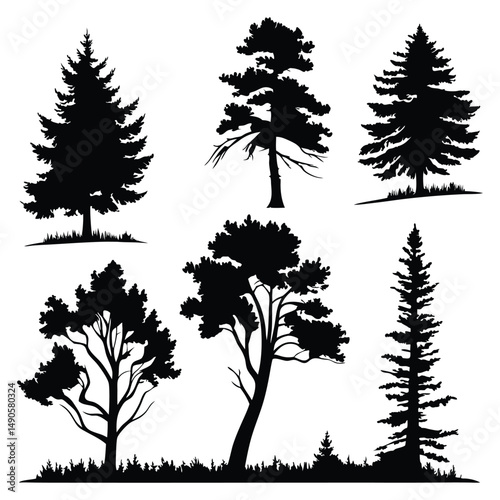 set of trees silhouettes
