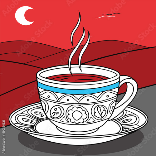 cup of coffee with steam on moon view