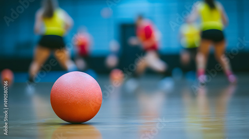 An orange dodgeball on the court with players in the background, engaged in an energetic game.