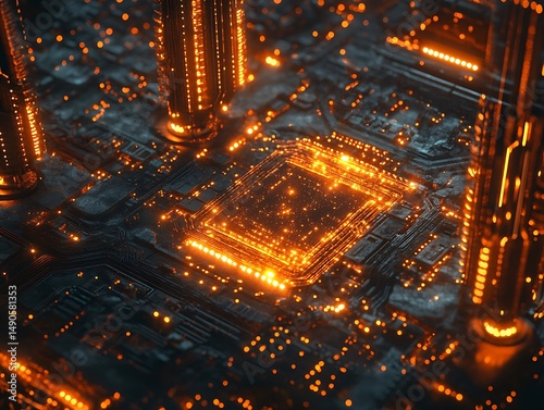 Intricate network: Motherboard illuminated with golden pathways for data transmission