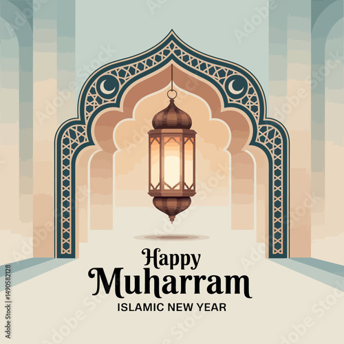 Modern Islamic New Year Vector with Lantern and Arch Frame Design