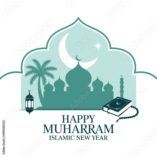 Islamic New Year Vector with Mosque, Crescent, Star and Holy Elements