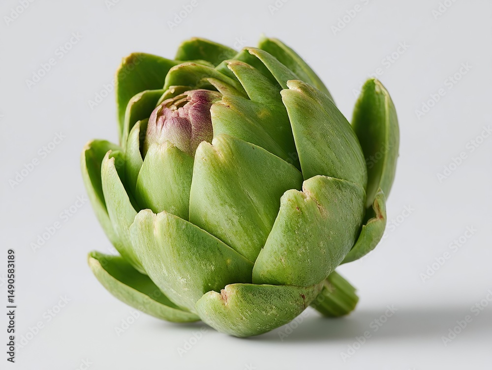 Fototapeta premium A vibrant, fresh artichoke, with layered green leaves, against clean, neutral background. Culinary delight.