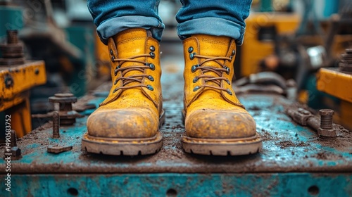 Muddy Yellow Boots in Industrial Setting