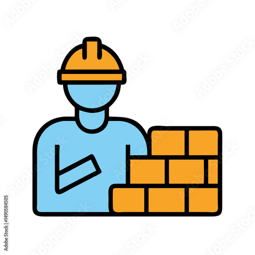 Construction Worker Icon with Hard Hat and Bricks