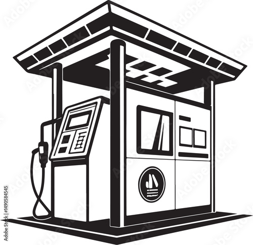 Gas Station, Black and White Vector Illustration, Sketch Drawing Line Linear Symbol Icon Engraving, Hand-drawn Isolated