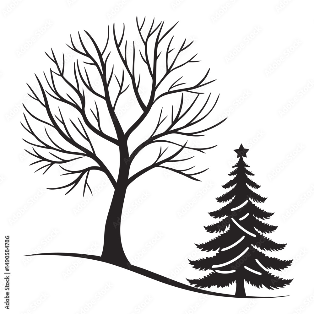 Obraz premium Black and white illustration of a bare winter tree and a christmas tree silhouette