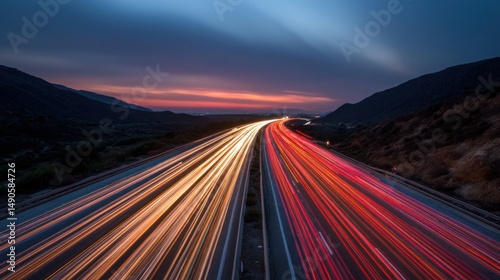Highway light trails at sunset