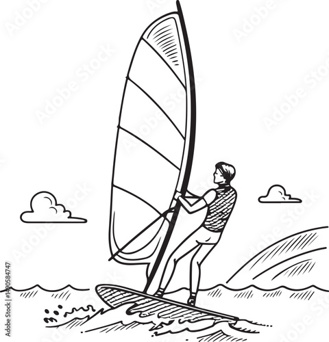 Windsurfing Black and White Vector Illustration, Sketch Drawing Line Linear Symbol Icon Engraving, Hand-drawn Isolated