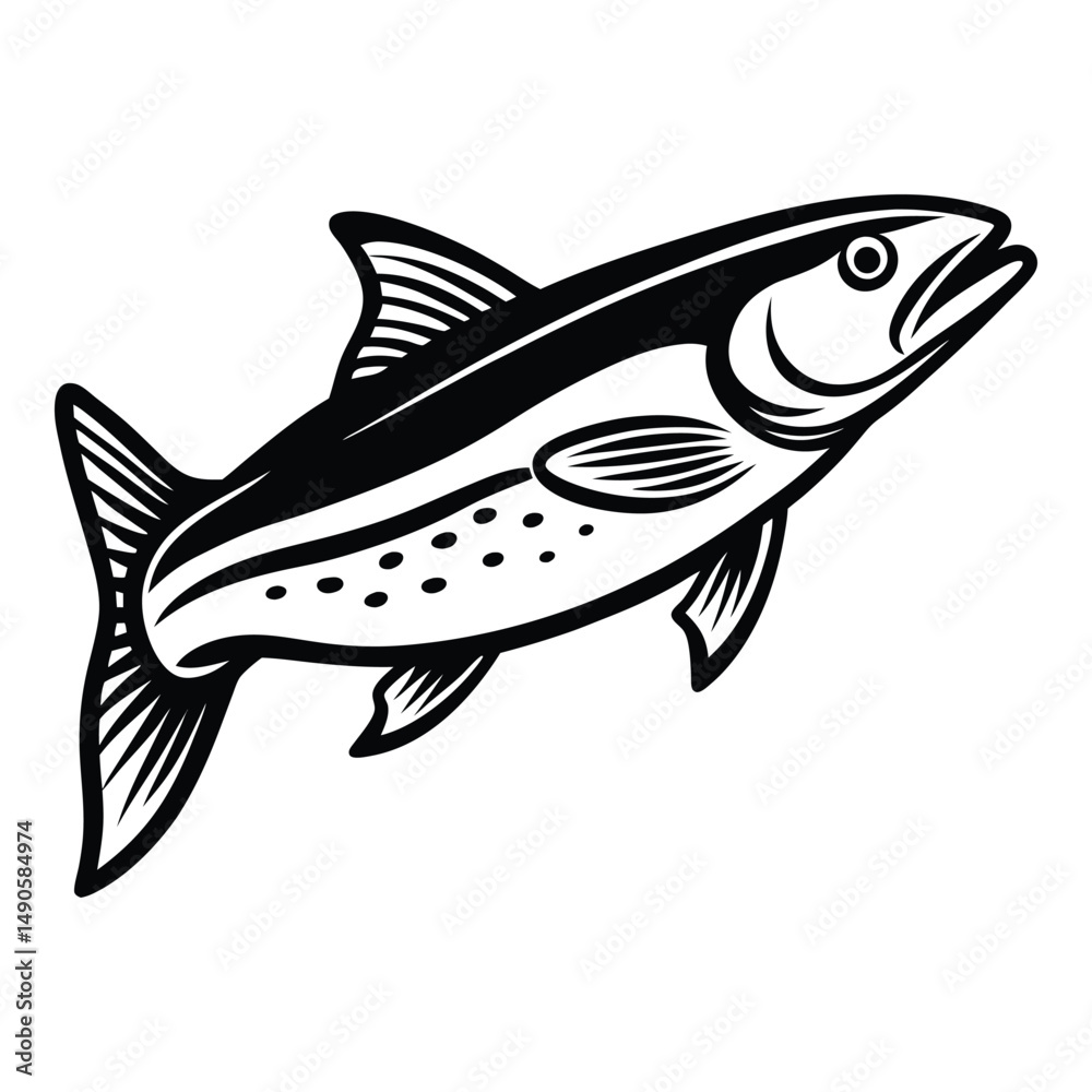 Fototapeta premium Artistic black and white illustration of a swimming salmon showing detailed design features
