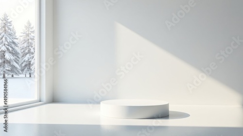 Minimalist White Room with Winter View and Circular Display Platform
