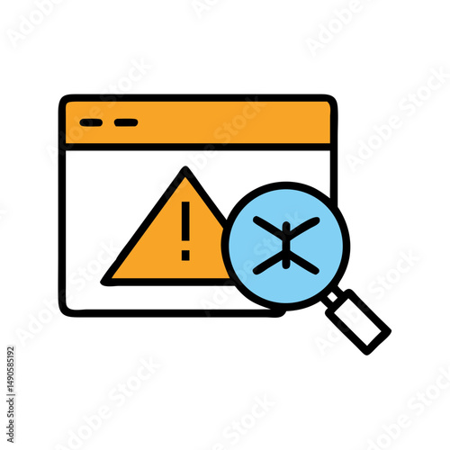 Yellow Exclamation Mark Triangle Icon with Magnifying Glass and Orange Rectangle on Black Background