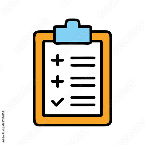 Clipboard Checklist Icon with Blue Clip, Plus Signs, Check Mark