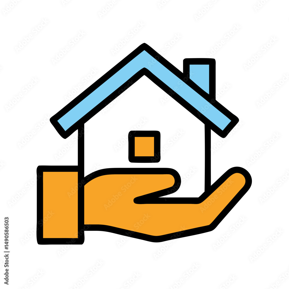 Orange Hand and Blue House Roof Symbolizing Housing Support - Stock Icon Orange Hand and Blue House Roof Symbolizing Housing Support - Stock Icon