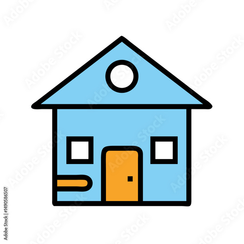 Blue House Vector Icon with Orange Door and Triangular Roof
