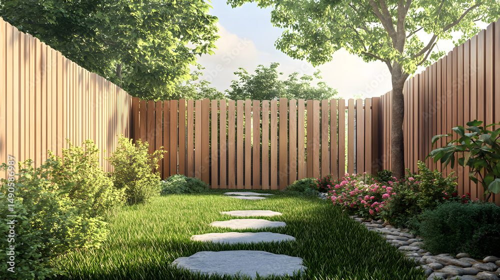 Fototapeta premium A serene garden with stepping stones, vibrant flowers, and lush greenery under a bright blue sky.