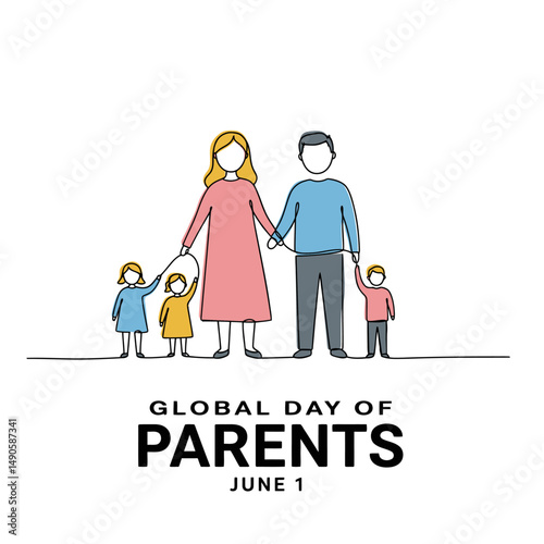 Minimalist illustration of a family of five celebrating global day of parents on june first