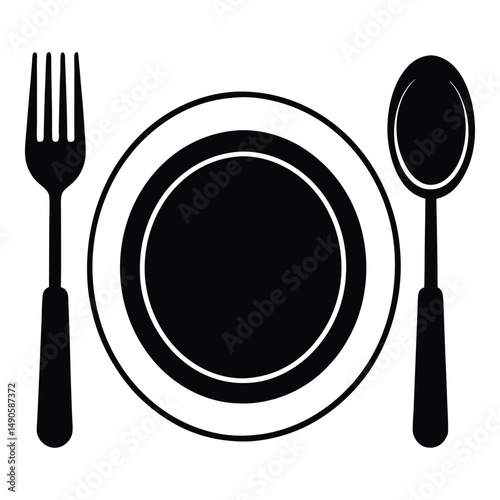 Simple black and white graphic of a place setting including fork spoon and plate