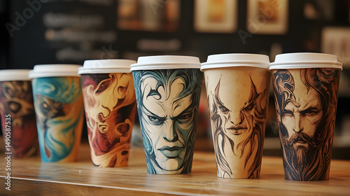 Artistic coffee cups featuring intricate tattoo-style illustrations, showcasing diverse characters in a modern café setting.