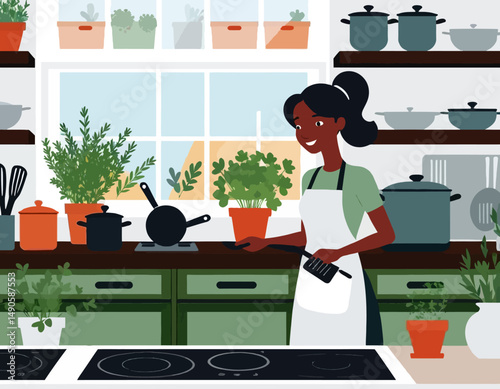Woman Cooking in Bright Kitchen Illustration - Happy Chef in Home Kitchen Scene with Pots & Plants - Wholesome Cooking Lifestyle Art