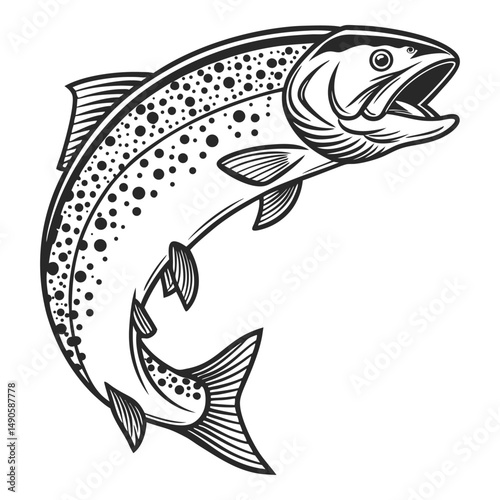 Vector illustration of a jumping salmon with detailed line art style in black and white