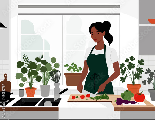 Woman Prepares Healthy Meal in Bright Kitchen - Fresh Vegetables and Herbs - Cooking at Home for Wellness - Modern Kitchen Design with Plants