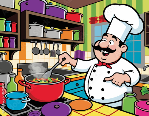 Cartoon Chef Cooking in a Kitchen-Illustration of a Cheerful Chef Stirring a Pot-Fun Culinary Image for Kids and Recipe Websites-Kitchen Theme Art