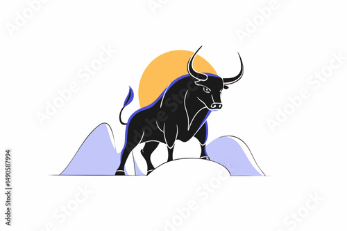 A Striking Dark Bull Conveys Power and Intensity Standing Against a Warm Sunset Backdrop in a Fierce Representation of Strength and Determination