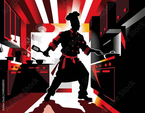 Chef at Work - Silhouette of a Chef Cooking in a Modern Kitchen - Culinary Arts Illustration - Restaurant Decor Idea - Passionate Cook in Action - Bold Red & Black Design
