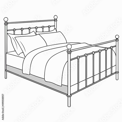 Metal bed frame with bedding line art illustration