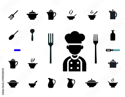 Chef Icon Set with Kitchen Utensils- Culinary Design Elements- Cooking Tools Clipart- Restaurant Menu Graphics- Chef Illustration- Food Preparation Symbols