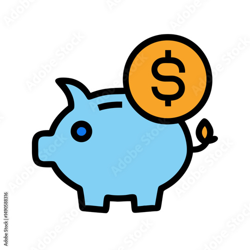 Blue Piggy Bank with Orange Dollar Coin Icon
