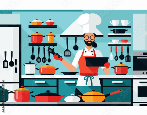 Chef in Colorful Kitchen Illustration - Modern Kitchen Design with Chef Hat and Utensils - Cooking Inspiration and Kitchen Decor Ideas