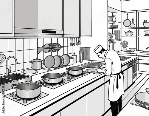 Chef preparing food in professional kitchen - Black and white illustration of a busy restaurant kitchen - Culinary arts and gastronomy preparation