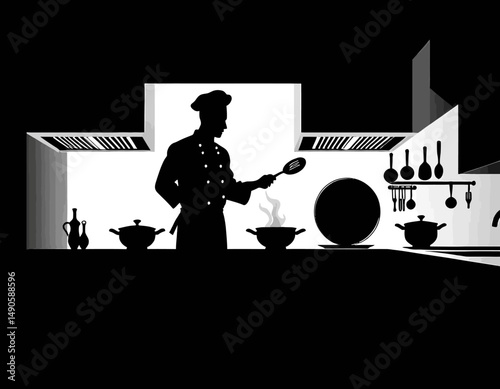 Chef Silhouette in Action- Cooking in a Restaurant Kitchen- Culinary Art and Food Preparation- Black and White Kitchen Scene- Restaurant Design Concept