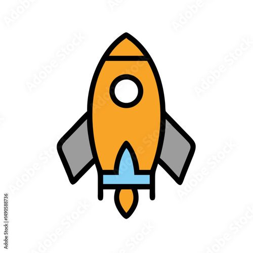 Orange Rocket Ship Vector Icon with Gray Fins and Blue Flame