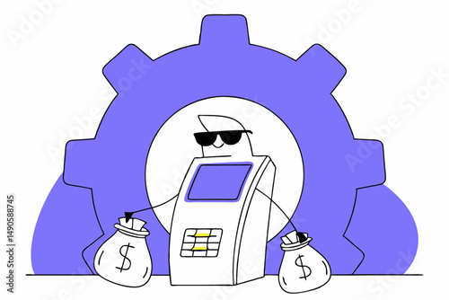 A cartoon cash machine character wearing sunglasses brings humor and personality into finance-themed designs blending fun and money in a creative visual style