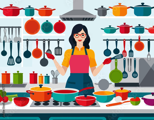 Culinary Cartoon Kitchen-A Woman Cooking with Colorful Pots and Pans-A Cheerful and Organized Kitchen Scene