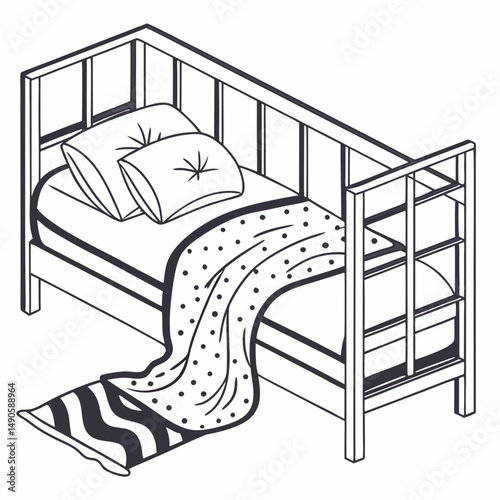 Cozy childrens bed isometric line drawing
