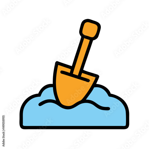 Orange Shovel Icon in Blue Dirt on Black Background