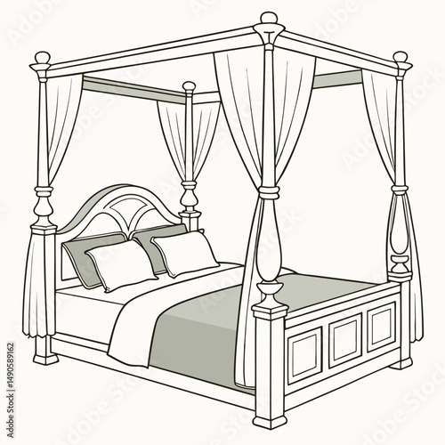 Elegant four poster bed with drapes bedding
