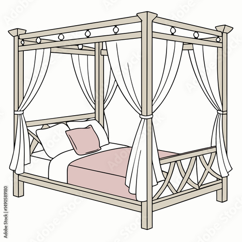 Elegant canopy bed with white curtains and pink bedding