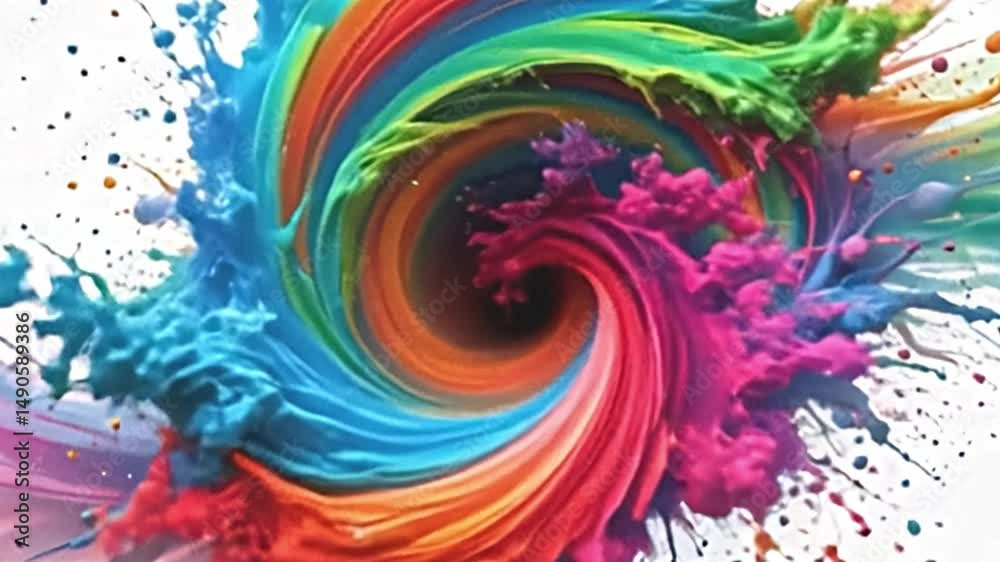 a swirling vortex of multi colored powders suspended in air, creating a mesmerizing spectacle against a stark white background, presented in a broad panoramic format.