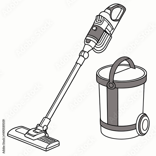 Cordless vacuum cleaner and dustbin isolated on white