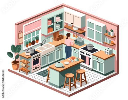 Isometric Kitchen Illustration - Woman Cooking in a Cozy, Pastel-Colored Kitchen Design - Perfect for Interior Design Inspiration and Home Decorating Ideas