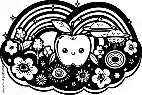 Adorable apple character with colorful rainbow flowers and cosmic elements cheerful art design suited for kids illustrations fruit themed merchandise and fun prints