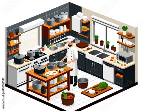 Isometric Professional Kitchen Illustration-Chef Preparing Food-Commercial Culinary Space Design-Modern Restaurant Cooking Area