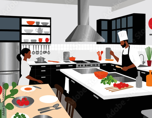 Modern Kitchen Illustration-Chef and Assistant Preparing Meal-Stylish Interior Design-Healthy Cooking at Home-Culinary Arts Scene