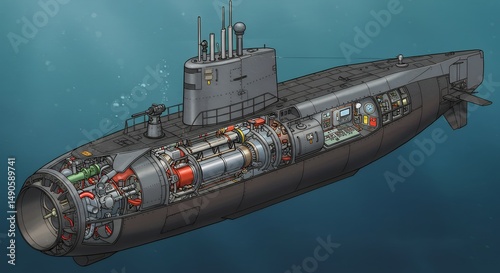 Submarine Cutaway Detailed Technical Illustration in a Classic Style