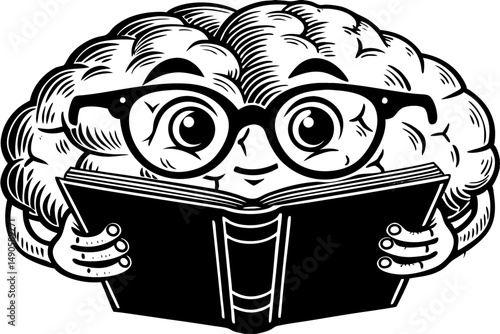 Cute cartoon brain character with glasses reading a book ideal for educational content school materials smart kids projects or science themed illustrations